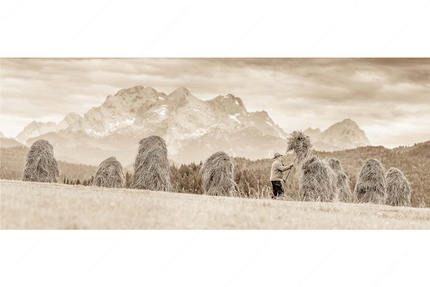 Stanker vor Zugspitzmassiv mit Hochblassen, Alpspitze, Zugspitze und Waxenstein - Wia friahra - Seitenverhältnis 2,5:1 - Heuarbeit Heustankern - weitere Infos unter https://www.kriner-weiermann.de