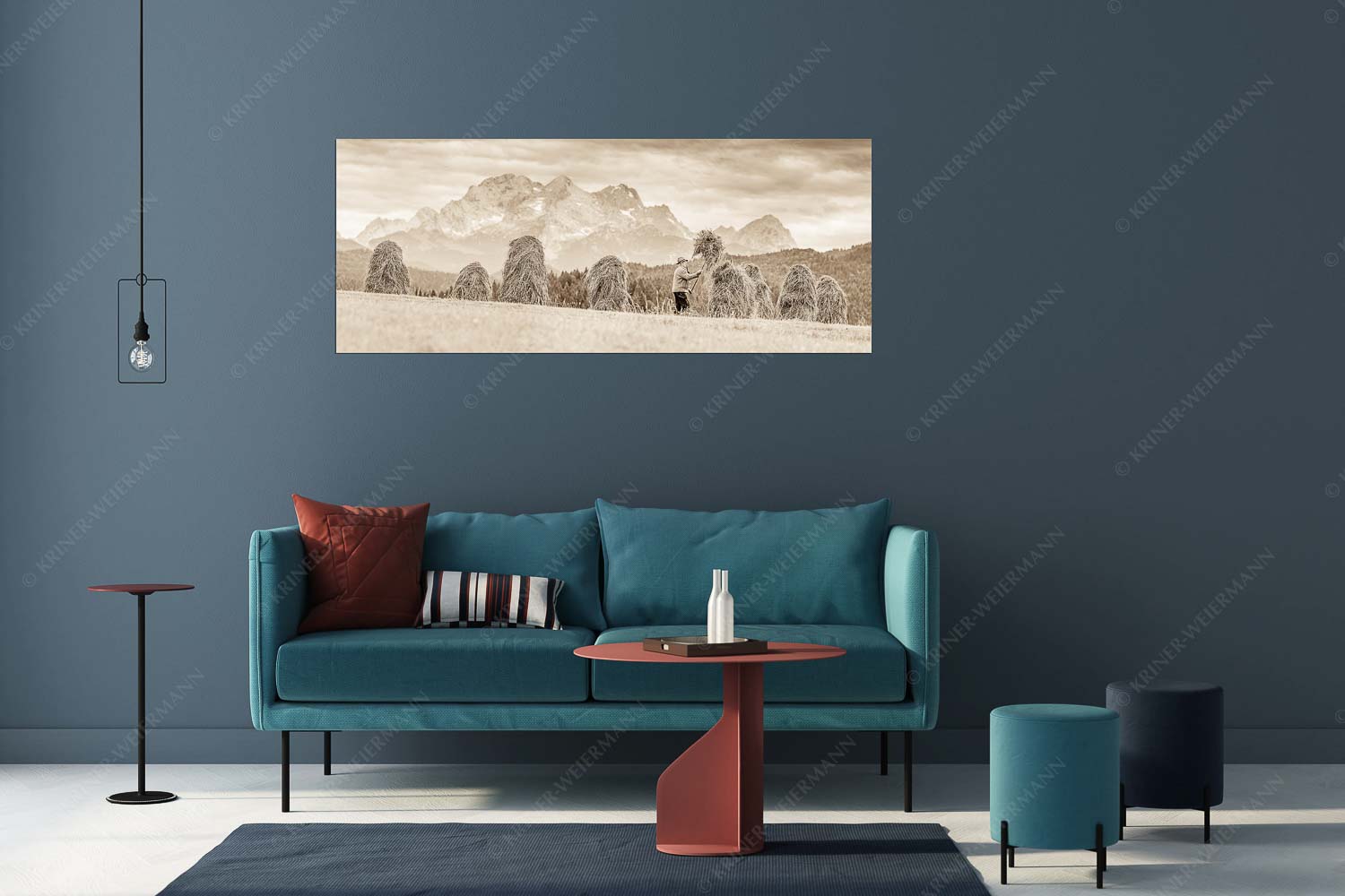 Stanker vor Zugspitzmassiv mit Hochblassen, Alpspitze, Zugspitze und Waxenstein - Wia friahra - Wandbild - Größe ca. 175x70cm, Seitenverhältnis 2,5:1 - Heuarbeit Heustankern - weitere Infos unter https://www.kriner-weiermann.de