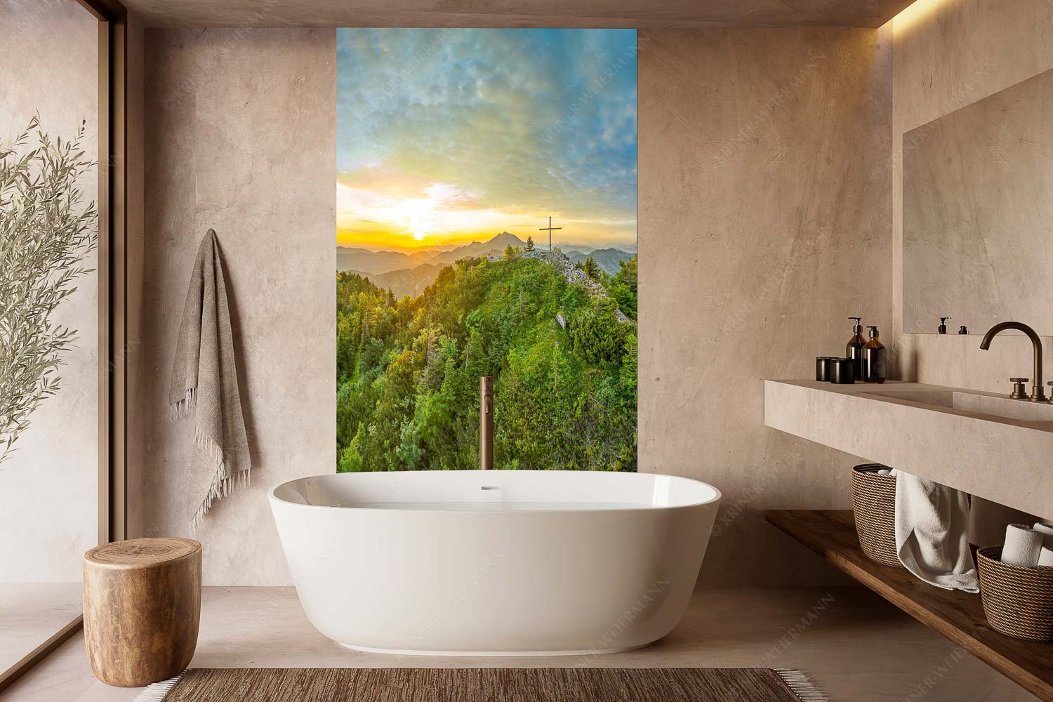 Ins Licht tauchen – Wandbild – Größe ca. 160x240cm, Seitenverhältnis 2:3 — Rabenkopf und Benediktenwand Gipfelkreuz am Rabenkopf im ersten Licht über der Benediktenwand - Ins Licht tauchen - Wandbild - Größe ca. 160x240cm, Seitenverhältnis 2:3 - Rabenkopf und Benediktenwand - weitere Infos unter https://www.kriner-weiermann.de