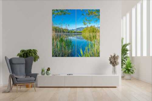 Ein wenig versteckt liegt der Moosbergsee im Murnauer Moos - Kleinod II - Wandbild - 4er Split, Größe ca. 180x180cm, Seitenverhältnis 1:1 - Moosbergsee mit Zugspitze - weitere Infos unter https://www.kriner-weiermann.de