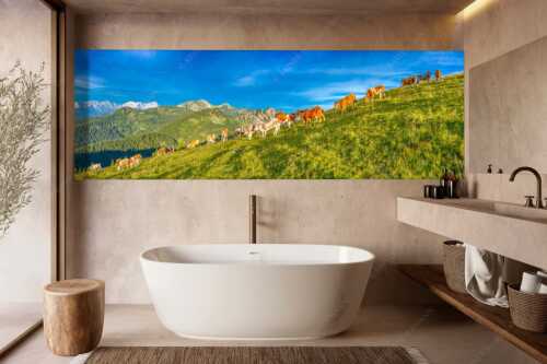 Blick über Almwiese im Estergebirge mit Krottenkopf und Zugspitze - Almsommer Estergebirg - Wandbild - Größe ca. 300x100cm, Seitenverhältnis 3:1 - Simetsberg Almweide - weitere Infos unter https://www.kriner-weiermann.de