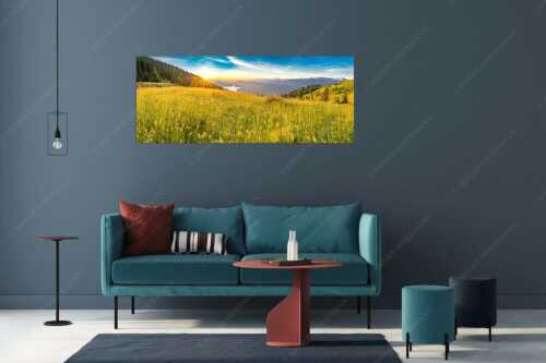 Sonnenaufgang über der Benediktenwand mit Blick auf Walchensee - Goldene Morgenruhe - Wandbild - Größe ca. 175x70cm, Seitenverhältnis 2,5:1 - Walchensee Benediktenwand - weitere Infos unter https://www.kriner-weiermann.de