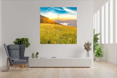 Sonnenaufgang über der Benediktenwand mit Blick auf Walchensee - Goldene Morgenruhe - Wandbild - 4er Split, Größe ca. 180x180cm, Seitenverhältnis 1:1 - Walchensee Benediktenwand - weitere Infos unter https://www.kriner-weiermann.de