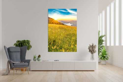 Sonnenaufgang über der Benediktenwand mit Blick auf Walchensee - Goldene Morgenruhe - Wandbild - Größe ca. 120x180cm, Seitenverhältnis 2:3 - Walchensee Benediktenwand - weitere Infos unter https://www.kriner-weiermann.de