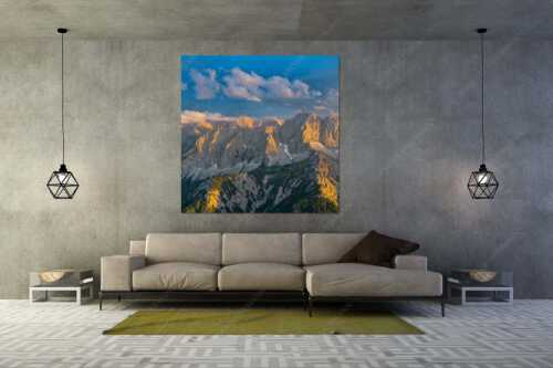 Blick von der Soiernspitze ins Karwendelgebirge - Heiter bis wolkig - Wandbild - Größe ca. 160x160cm, Seitenverhältnis 1:1 - Bäralpl Karwendel - weitere Infos unter https://www.kriner-weiermann.de