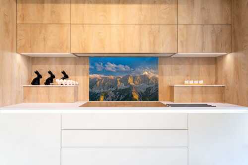 Blick von der Soiernspitze ins Karwendelgebirge - Heiter bis wolkig - Küchenspiegel - Größe ca. 90x60cm, Seitenverhältnis 3:2 - Bäralpl Karwendel - weitere Infos unter https://www.kriner-weiermann.de