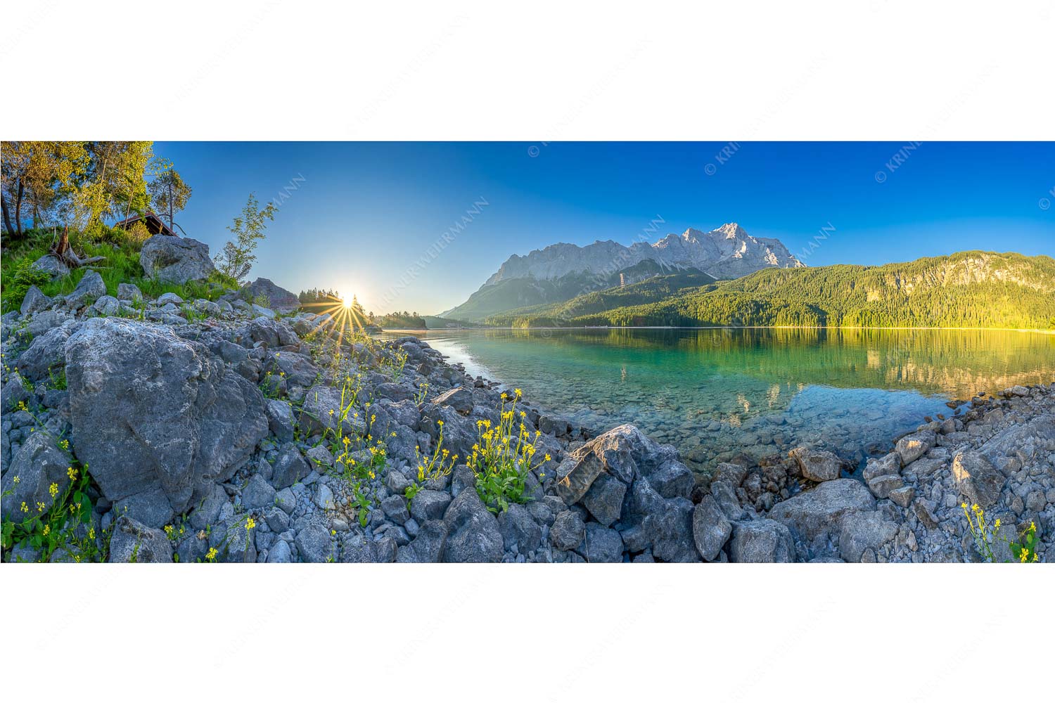 Idylle am Eibsee – Seitenverhältnis 2,5:1 — Eibsee Sonnenaufgang Zugspitze Sonnenaufgang am Eibsee mit Zugspitze und blühenden Wildblumen