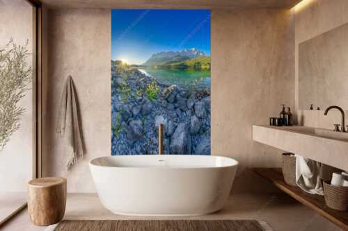 Sonnenaufgang am Eibsee mit Zugspitze und blühenden Wildblumen - Idylle am Eibsee - Wandbild - Größe ca. 160x240cm, Seitenverhältnis 2:3 - Eibsee Sonnenaufgang Zugspitze - weitere Infos unter https://www.kriner-weiermann.de