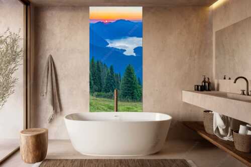 Sonnenaufgang zwischen Jochberg und Benediktenwand - Jochberg Sonne - Wandbild - Größe ca. 100x200cm, Seitenverhältnis 1:2 - Walchensee Sonnenaufgang Benediktenwand - weitere Infos unter https://www.kriner-weiermann.de