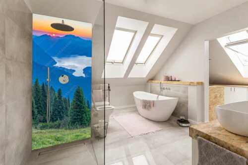 Sonnenaufgang zwischen Jochberg und Benediktenwand - Jochberg Sonne - Alu-Dibond Badezimmer Bild - Größe ca. 110x220cm, Seitenverhältnis 1:2 - Walchensee Sonnenaufgang Benediktenwand - weitere Infos unter https://www.kriner-weiermann.de