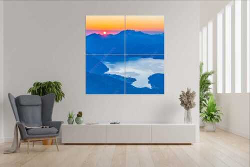 Sonnenaufgang zwischen Jochberg und Benediktenwand - Jochberg Sonne - Wandbild - 4er Split, Größe ca. 180x180cm, Seitenverhältnis 1:1 - Walchensee Sonnenaufgang Benediktenwand - weitere Infos unter https://www.kriner-weiermann.de