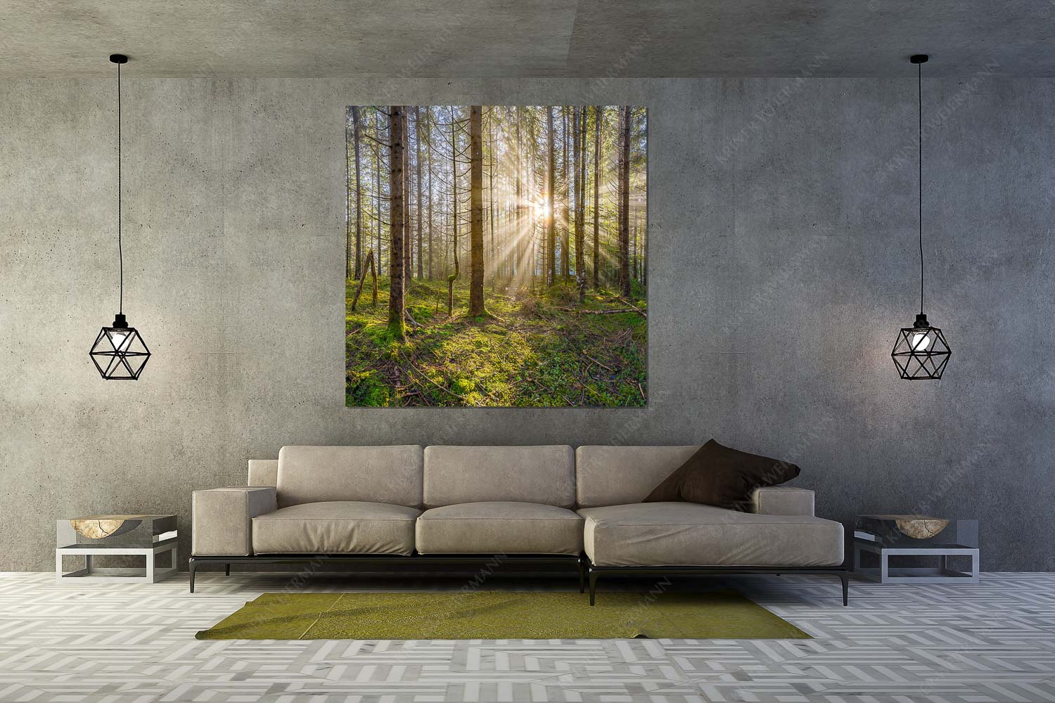 Waldleuchten – Wandbild – Größe ca. 160x160cm, Seitenverhältnis 1:1 — Streiflicht Herbstwald Mystischer Herbstwald im Morgenlicht mit Nebel und Sonnenstrahlen - Waldleuchten - Wandbild - Größe ca. 160x160cm, Seitenverhältnis 1:1 - Streiflicht Herbstwald - weitere Infos unter https://www.kriner-weiermann.de