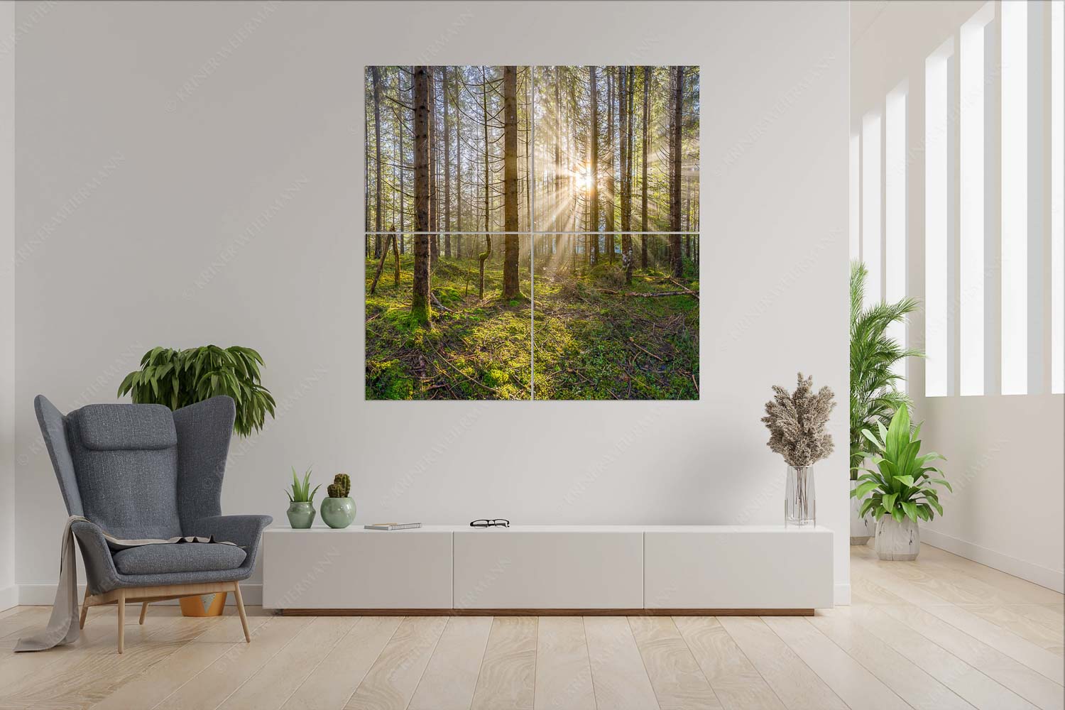 Waldleuchten – Wandbild – 4er Split, Größe ca. 180x180cm, Seitenverhältnis 1:1 — Streiflicht Herbstwald Mystischer Herbstwald im Morgenlicht mit Nebel und Sonnenstrahlen - Waldleuchten - Wandbild - 4er Split, Größe ca. 180x180cm, Seitenverhältnis 1:1 - Streiflicht Herbstwald - weitere Infos unter https://www.kriner-weiermann.de
