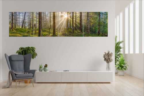 Mystischer Herbstwald im Morgenlicht mit Nebel und Sonnenstrahlen - Waldleuchten - Wandbild - 4er Split, Größe ca. 280x70cm, Seitenverhältnis 4:1 - Streiflicht Herbstwald - weitere Infos unter https://www.kriner-weiermann.de