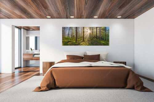 Mystischer Herbstwald im Morgenlicht mit Nebel und Sonnenstrahlen - Waldleuchten - Wandbild - Größe ca. 200x80cm, Seitenverhältnis 2,5:1 - Streiflicht Herbstwald - weitere Infos unter https://www.kriner-weiermann.de