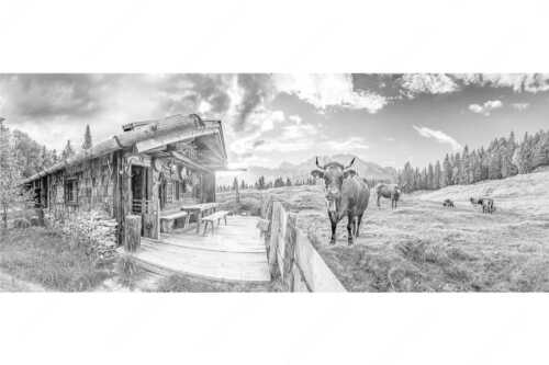 Malerische Almhütte bei Mittenwald mit Karwendel - Almbiente - Seitenverhältnis 2,5:1 - Mittenwald Alm Buckelwiesen Karwendel - weitere Infos unter https://www.kriner-weiermann.de