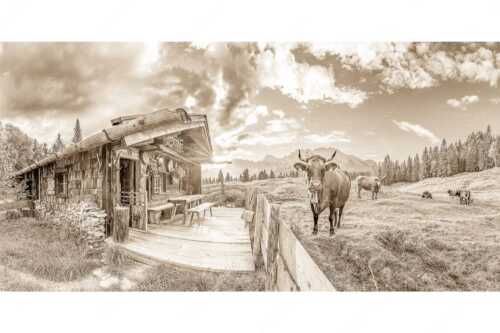 Malerische Almhütte bei Mittenwald mit Karwendel - Almbiente - Seitenverhältnis 2:1 - Mittenwald Alm Buckelwiesen Karwendel - weitere Infos unter https://www.kriner-weiermann.de