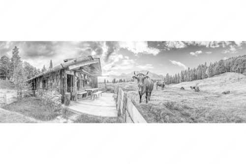 Malerische Almhütte bei Mittenwald mit Karwendel - Almbiente - Seitenverhältnis 3:1 - Mittenwald Alm Buckelwiesen Karwendel - weitere Infos unter https://www.kriner-weiermann.de