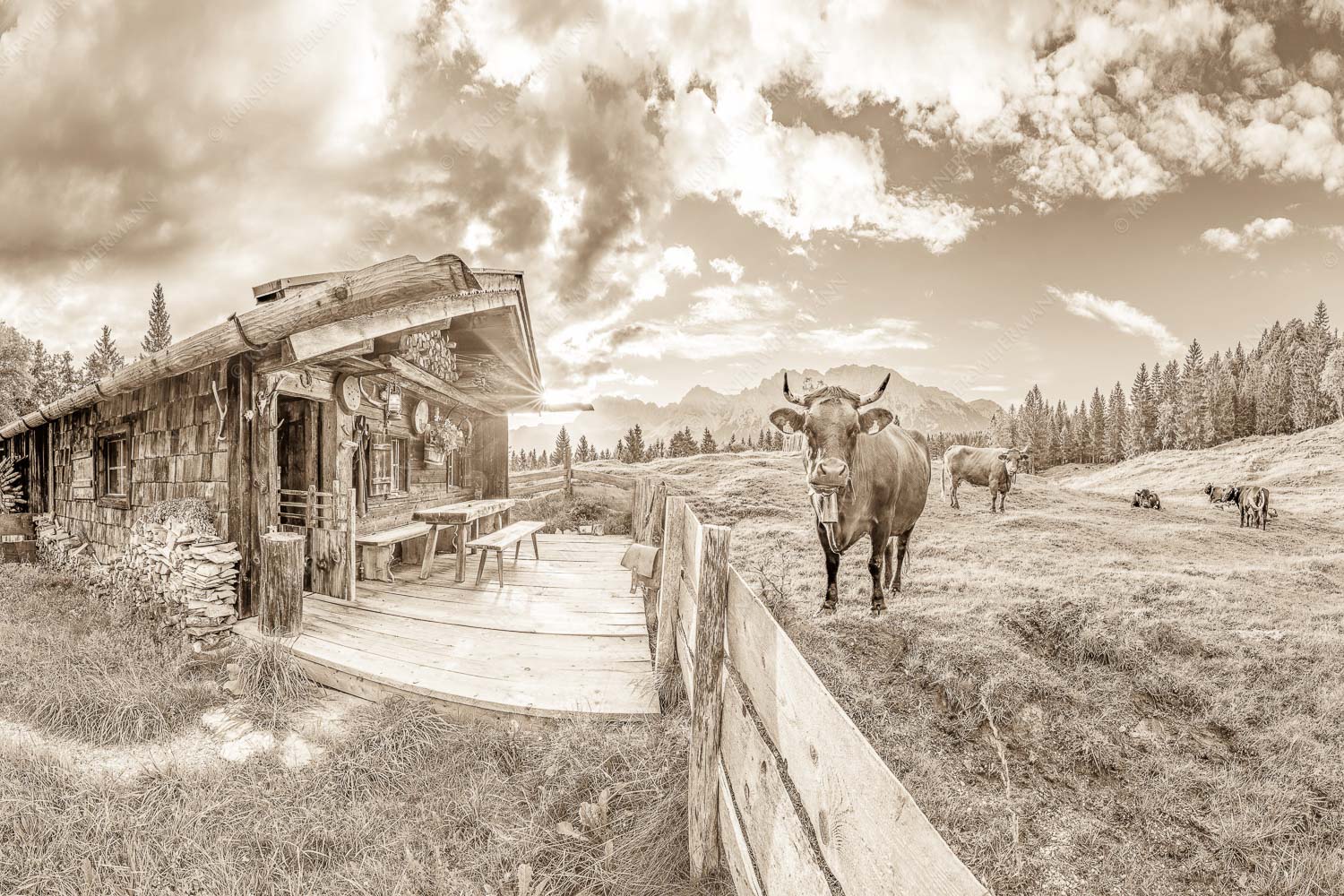 Malerische Almhütte bei Mittenwald mit Karwendel - Almbiente - Seitenverhältnis 3:2 - Mittenwald Alm Buckelwiesen Karwendel - weitere Infos unter https://www.kriner-weiermann.de