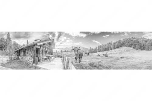 Malerische Almhütte bei Mittenwald mit Karwendel - Almbiente - Seitenverhältnis 4:1 - Mittenwald Alm Buckelwiesen Karwendel - weitere Infos unter https://www.kriner-weiermann.de