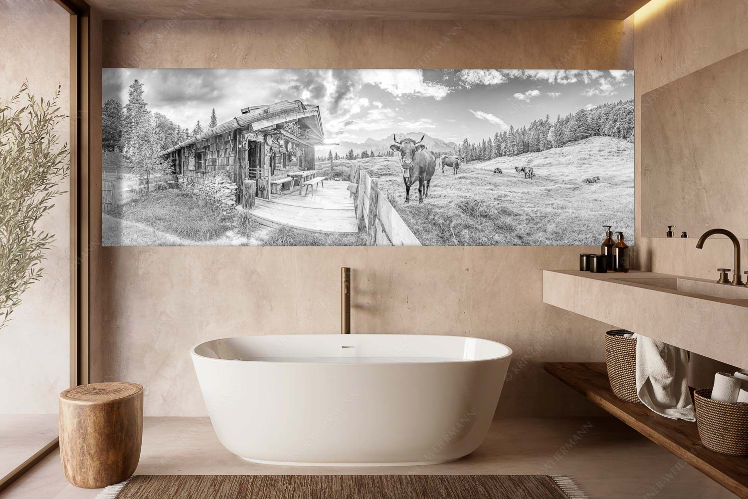 Almbiente – Wandbild – Größe ca. 300x100cm, Seitenverhältnis 3:1 — Mittenwald Alm Buckelwiesen Karwendel Malerische Almhütte bei Mittenwald mit Karwendel - Almbiente - Wandbild - Größe ca. 300x100cm, Seitenverhältnis 3:1 - Mittenwald Alm Buckelwiesen Karwendel - weitere Infos unter https://www.kriner-weiermann.de