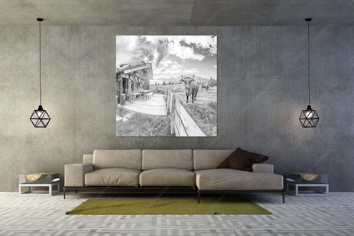 Almbiente – Wandbild – Größe ca. 160x160cm, Seitenverhältnis 1:1 — Mittenwald Alm Buckelwiesen Karwendel Malerische Almhütte bei Mittenwald mit Karwendel - Almbiente - Wandbild - Größe ca. 160x160cm, Seitenverhältnis 1:1 - Mittenwald Alm Buckelwiesen Karwendel - weitere Infos unter https://www.kriner-weiermann.de