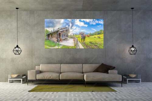 Malerische Almhütte bei Mittenwald mit Karwendel - Almbiente - Wandbild - Größe ca. 200x100cm, Seitenverhältnis 2:1 - Mittenwald Alm Buckelwiesen Karwendel - weitere Infos unter https://www.kriner-weiermann.de