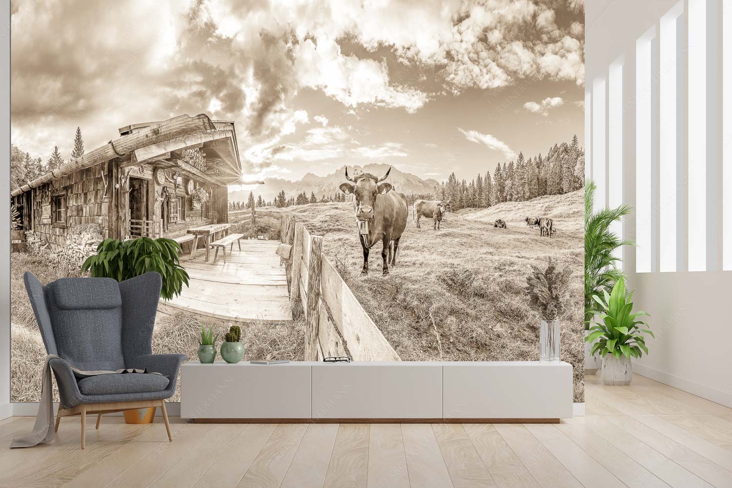 Malerische Almhütte bei Mittenwald mit Karwendel - Almbiente - Fototapete - Größe ca. 300x200cm, Seitenverhältnis 3:2 - Mittenwald Alm Buckelwiesen Karwendel - weitere Infos unter https://www.kriner-weiermann.de