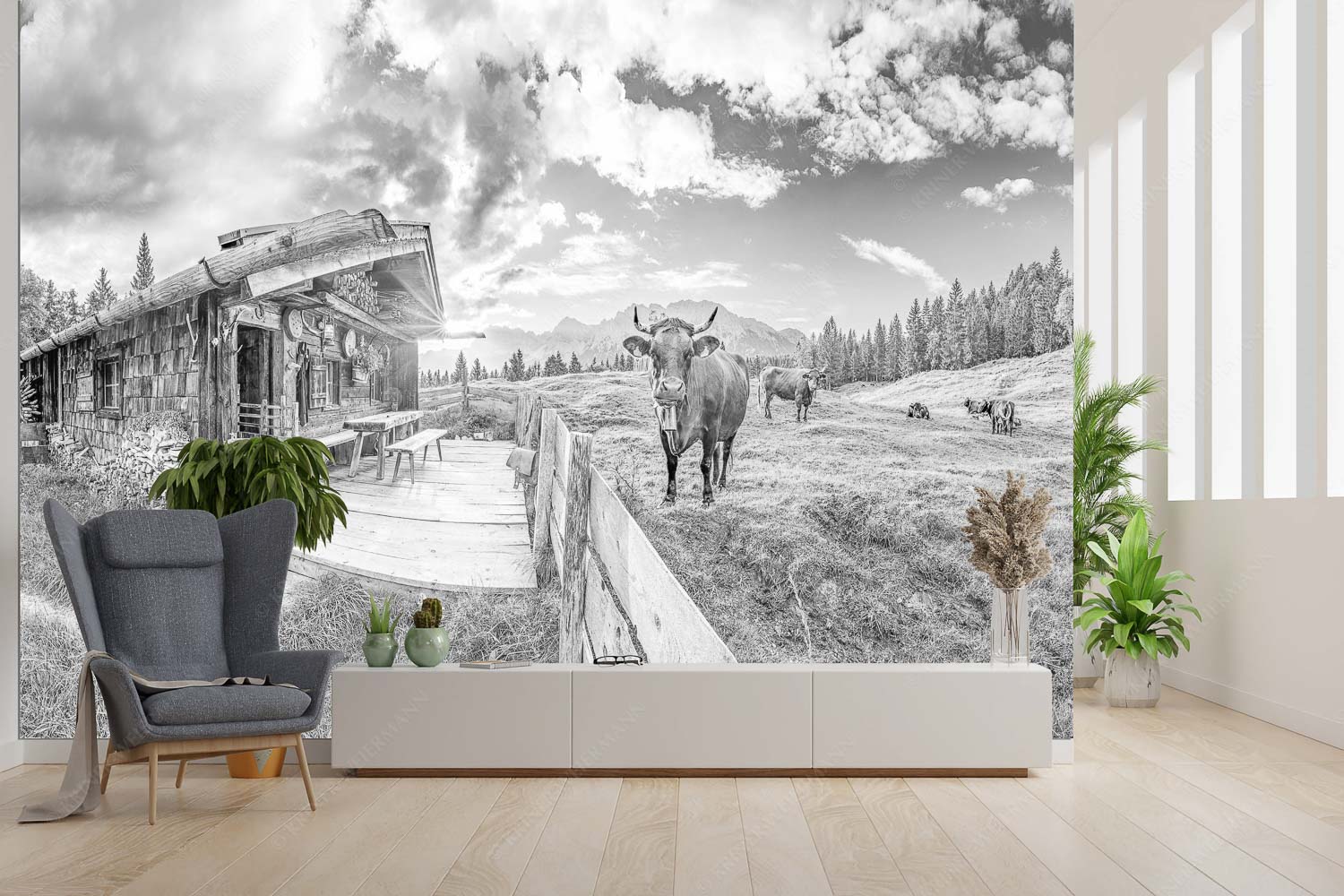 Almbiente – Fototapete – Größe ca. 300x200cm, Seitenverhältnis 3:2 — Mittenwald Alm Buckelwiesen Karwendel Malerische Almhütte bei Mittenwald mit Karwendel - Almbiente - Fototapete - Größe ca. 300x200cm, Seitenverhältnis 3:2 - Mittenwald Alm Buckelwiesen Karwendel - weitere Infos unter https://www.kriner-weiermann.de