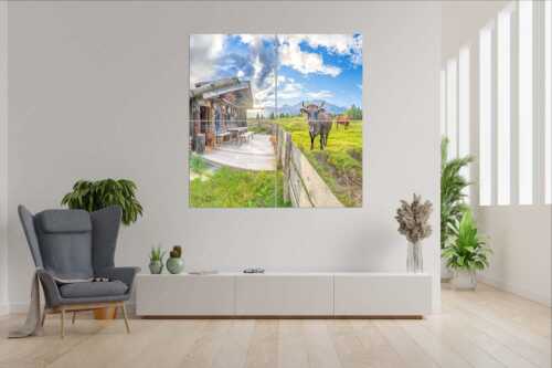 Malerische Almhütte bei Mittenwald mit Karwendel - Almbiente - Wandbild - 4er Split, Größe ca. 180x180cm, Seitenverhältnis 1:1 - Mittenwald Alm Buckelwiesen Karwendel - weitere Infos unter https://www.kriner-weiermann.de