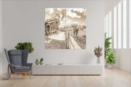 Malerische Almhütte bei Mittenwald mit Karwendel - Almbiente - Wandbild - 4er Split, Größe ca. 180x180cm, Seitenverhältnis 1:1 - Mittenwald Alm Buckelwiesen Karwendel - weitere Infos unter https://www.kriner-weiermann.de