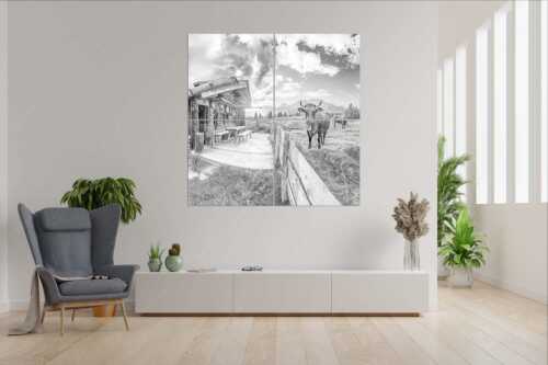 Malerische Almhütte bei Mittenwald mit Karwendel - Almbiente - Wandbild - 4er Split, Größe ca. 180x180cm, Seitenverhältnis 1:1 - Mittenwald Alm Buckelwiesen Karwendel - weitere Infos unter https://www.kriner-weiermann.de