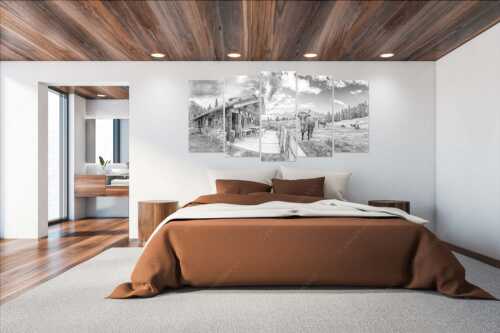 Malerische Almhütte bei Mittenwald mit Karwendel - Almbiente - Wandbild - 5er Split, Größe ca. 200x100cm, Seitenverhältnis 2:1 - Mittenwald Alm Buckelwiesen Karwendel - weitere Infos unter https://www.kriner-weiermann.de