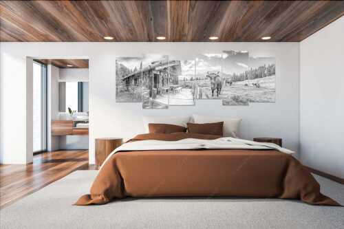 Malerische Almhütte bei Mittenwald mit Karwendel - Almbiente - Wandbild - 6er Split, Größe ca. 280x112cm, Seitenverhältnis 2,5:1 - Mittenwald Alm Buckelwiesen Karwendel - weitere Infos unter https://www.kriner-weiermann.de