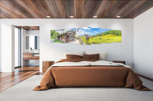 Malerische Almhütte bei Mittenwald mit Karwendel - Almbiente - Wandbild - 7er Split, Größe ca. 300x75cm, Seitenverhältnis 4:1 - Mittenwald Alm Buckelwiesen Karwendel - weitere Infos unter https://www.kriner-weiermann.de