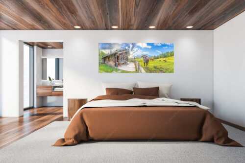 Malerische Almhütte bei Mittenwald mit Karwendel - Almbiente - Wandbild - Größe ca. 200x80cm, Seitenverhältnis 2,5:1 - Mittenwald Alm Buckelwiesen Karwendel - weitere Infos unter https://www.kriner-weiermann.de