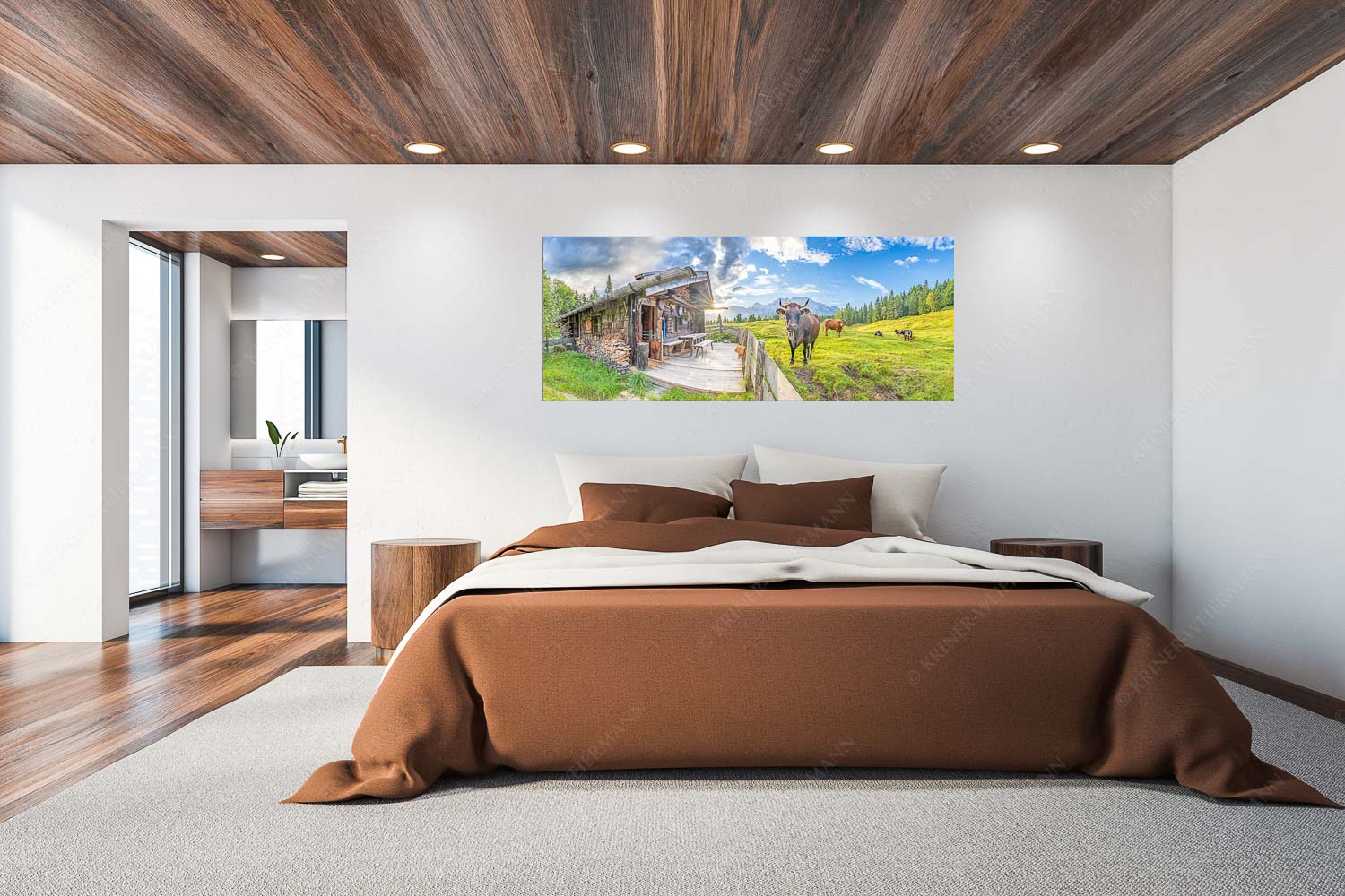 Malerische Almhütte bei Mittenwald mit Karwendel - Almbiente - Wandbild - Größe ca. 200x80cm, Seitenverhältnis 2,5:1 - Mittenwald Alm Buckelwiesen Karwendel - weitere Infos unter https://www.kriner-weiermann.de