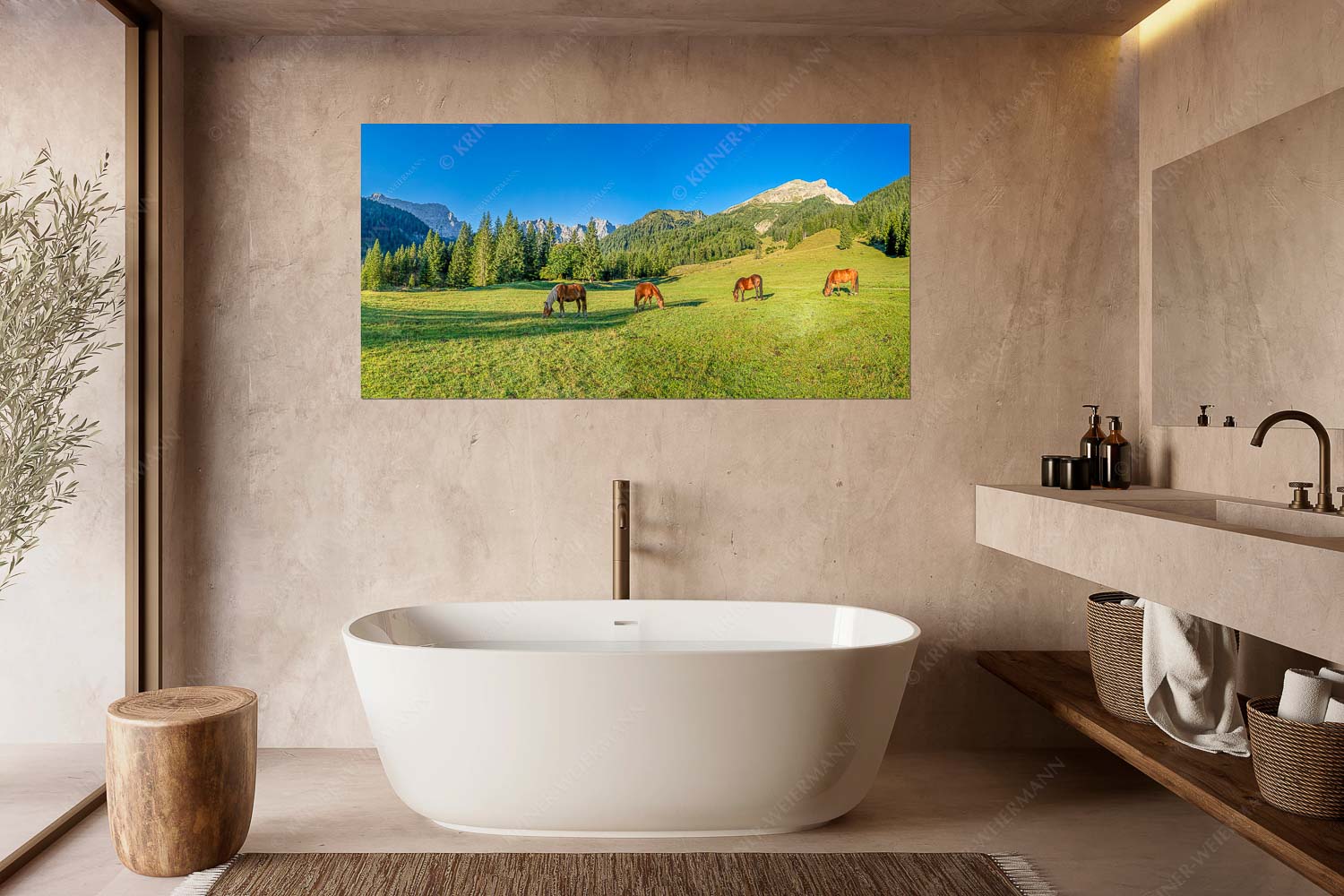 Pferde auf der Brandlealm mit Soiernspitze und Karwendelgebirge - Almharmonie - Wandbild - Größe ca. 180x90cm, Seitenverhältnis 2:1 - Pferde Brandlealm Karwendel - weitere Infos unter https://www.kriner-weiermann.de