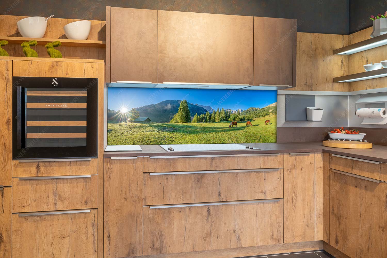 Pferde auf der Brandlealm mit Soiernspitze und Karwendelgebirge - Almharmonie - Küchenrückwand - Größe ca. 180x60cm, Seitenverhältnis 3:1 - Pferde Brandlealm Karwendel - weitere Infos unter https://www.kriner-weiermann.de