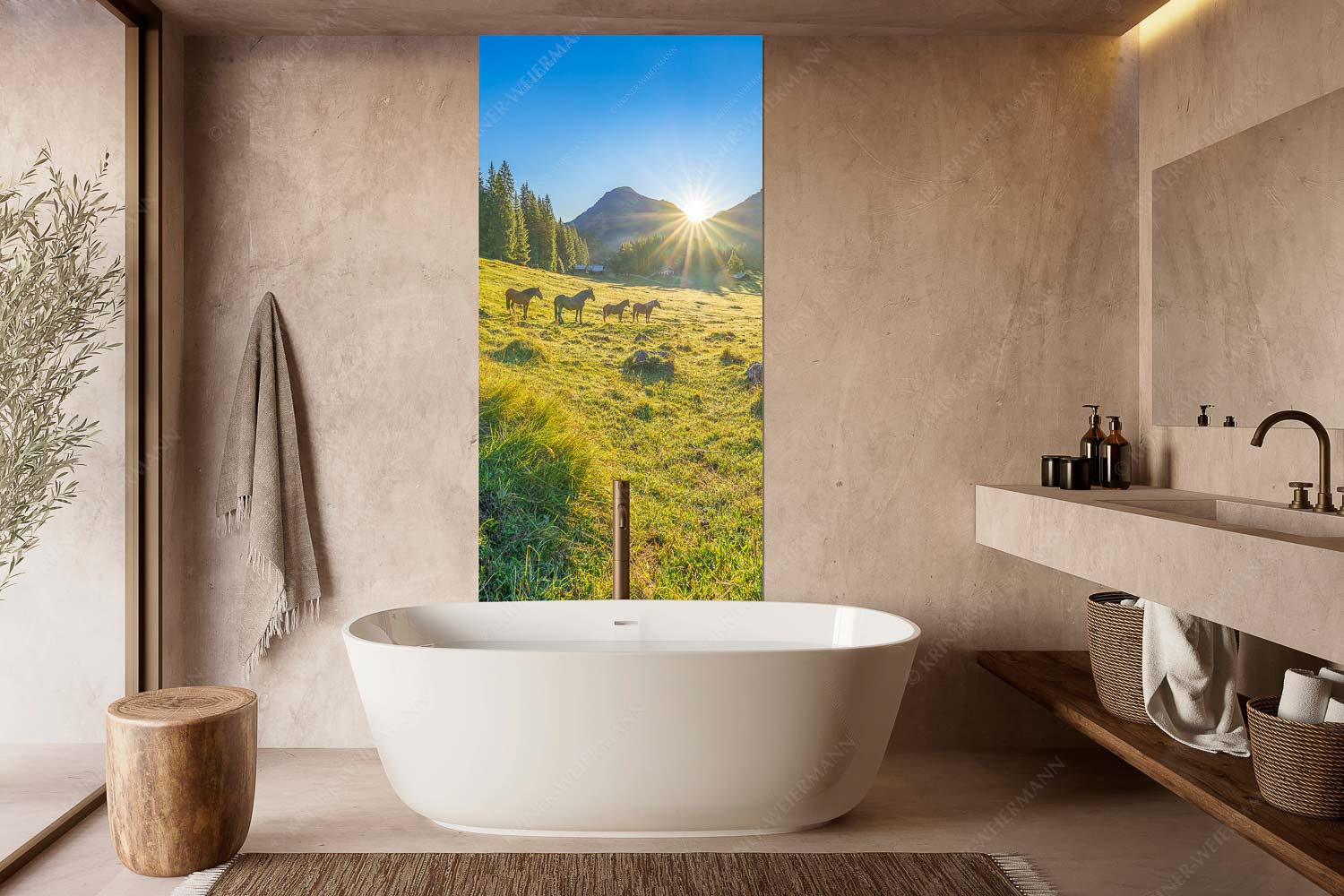 Almpferde – Wandbild – Größe ca. 100x200cm, Seitenverhältnis 1:2 — Brandlealm Sonnenaufgang auf der Brandlealm im Karwendelgebirge - Almpferde - Wandbild - Größe ca. 100x200cm, Seitenverhältnis 1:2 - Brandlealm - weitere Infos unter https://www.kriner-weiermann.de