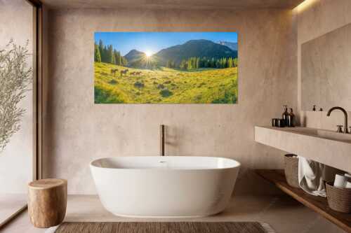 Sonnenaufgang auf der Brandlealm im Karwendelgebirge - Almpferde - Wandbild - Größe ca. 180x90cm, Seitenverhältnis 2:1 - Brandlealm - weitere Infos unter https://www.kriner-weiermann.de