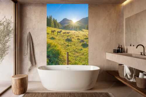 Sonnenaufgang auf der Brandlealm im Karwendelgebirge - Almpferde - Wandbild - Größe ca. 160x240cm, Seitenverhältnis 2:3 - Brandlealm - weitere Infos unter https://www.kriner-weiermann.de