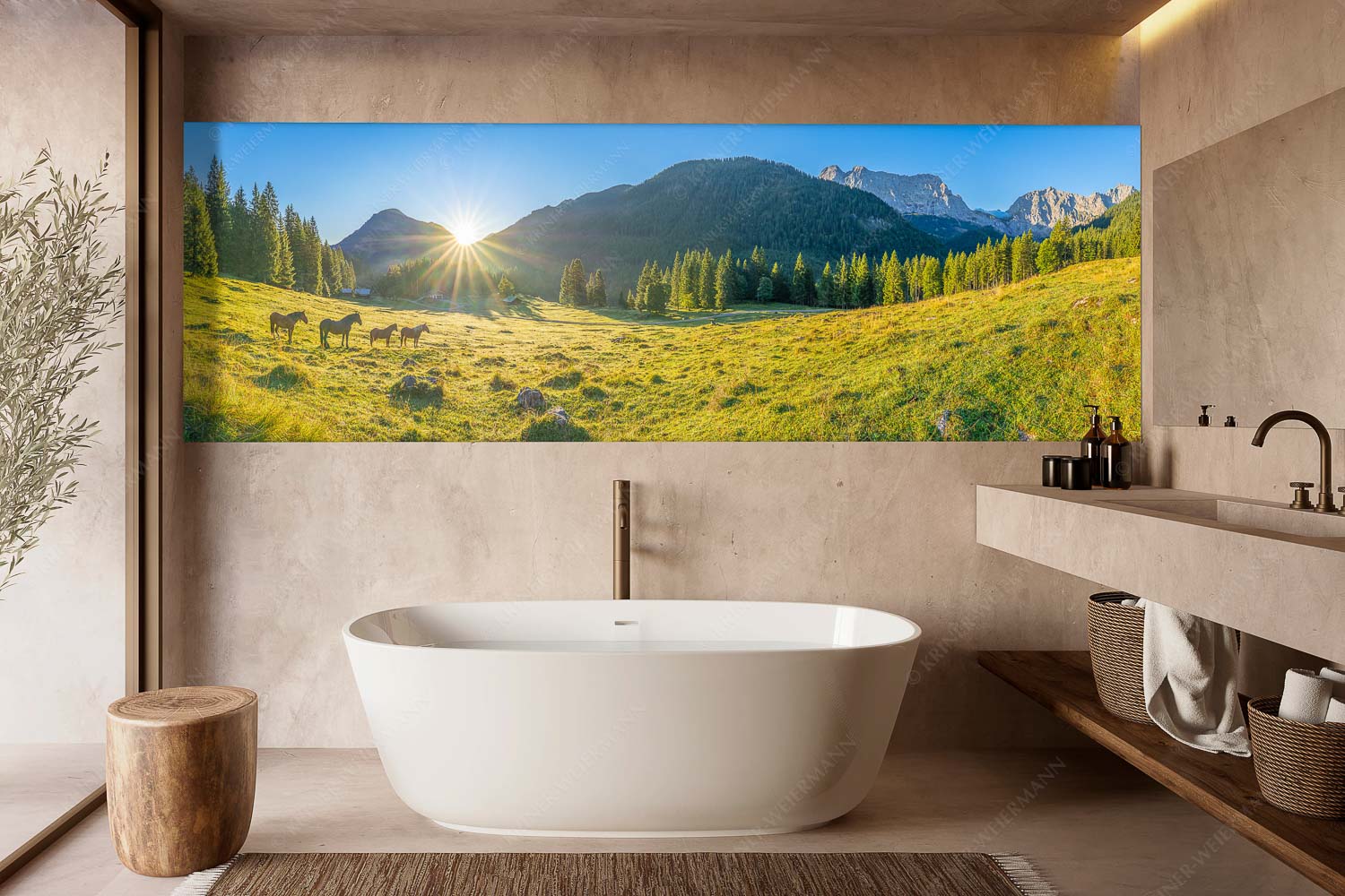 Almpferde – Wandbild – Größe ca. 300x100cm, Seitenverhältnis 3:1 — Brandlealm Sonnenaufgang auf der Brandlealm im Karwendelgebirge - Almpferde - Wandbild - Größe ca. 300x100cm, Seitenverhältnis 3:1 - Brandlealm - weitere Infos unter https://www.kriner-weiermann.de
