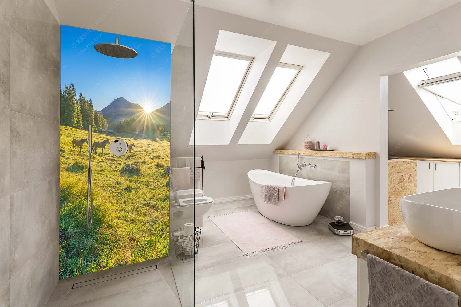 Almpferde – Alu-Dibond Badezimmer Bild – Größe ca. 110x220cm, Seitenverhältnis 1:2 — Brandlealm Sonnenaufgang auf der Brandlealm im Karwendelgebirge - Almpferde - Alu-Dibond Badezimmer Bild - Größe ca. 110x220cm, Seitenverhältnis 1:2 - Brandlealm - weitere Infos unter https://www.kriner-weiermann.de