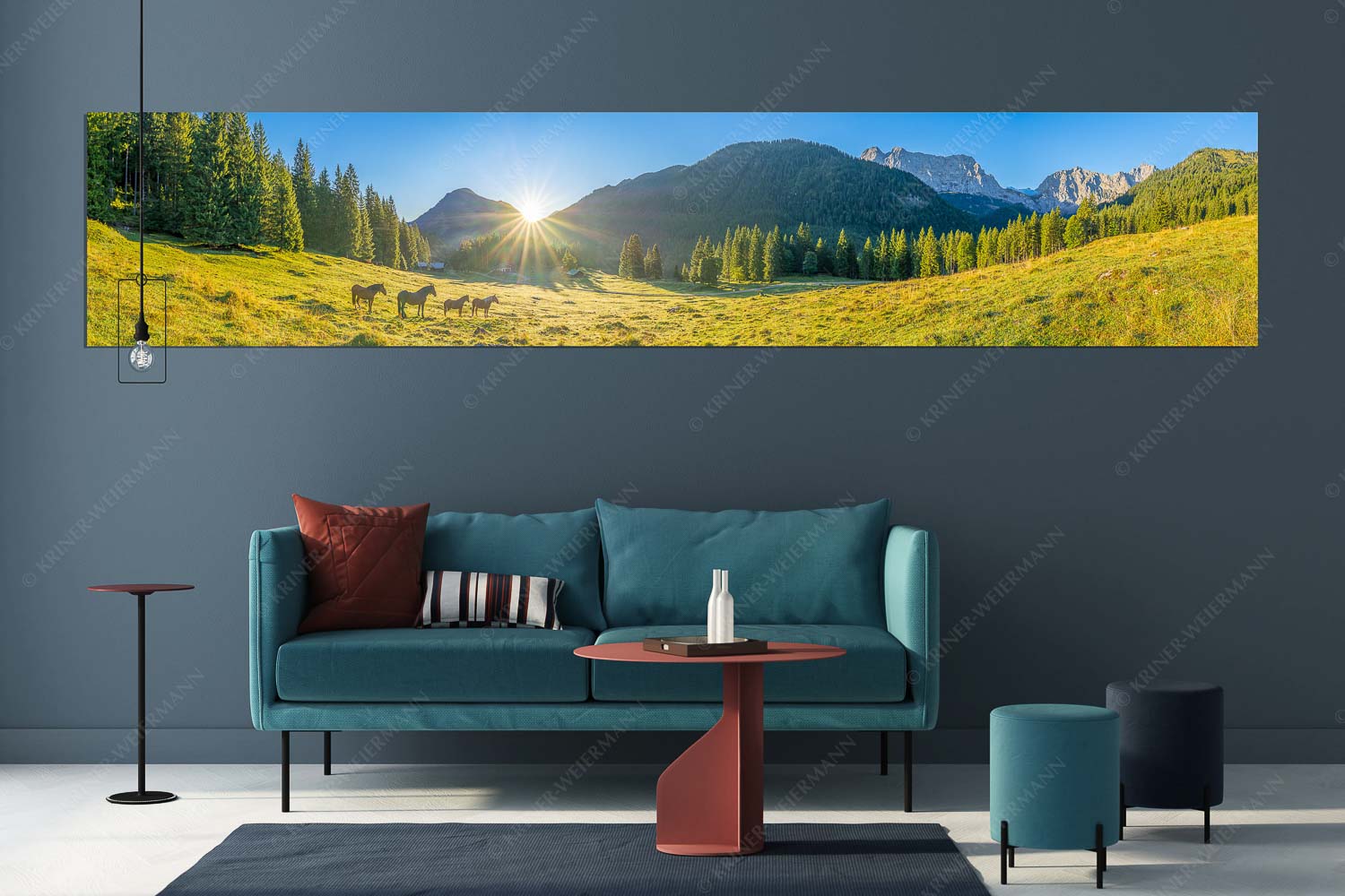 Almpferde – Wandbild – Größe ca. 350x70cm, Seitenverhältnis 5:1 — Brandlealm Sonnenaufgang auf der Brandlealm im Karwendelgebirge - Almpferde - Wandbild - Größe ca. 350x70cm, Seitenverhältnis 5:1 - Brandlealm - weitere Infos unter https://www.kriner-weiermann.de