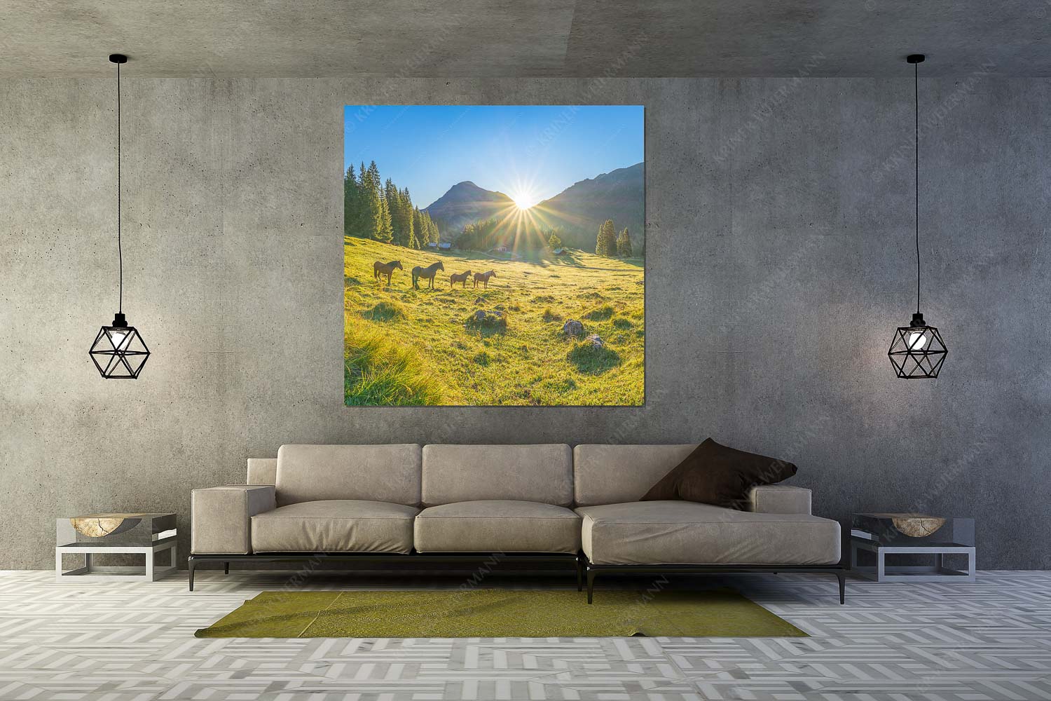 Almpferde – Wandbild – Größe ca. 160x160cm, Seitenverhältnis 1:1 — Brandlealm Sonnenaufgang auf der Brandlealm im Karwendelgebirge - Almpferde - Wandbild - Größe ca. 160x160cm, Seitenverhältnis 1:1 - Brandlealm - weitere Infos unter https://www.kriner-weiermann.de