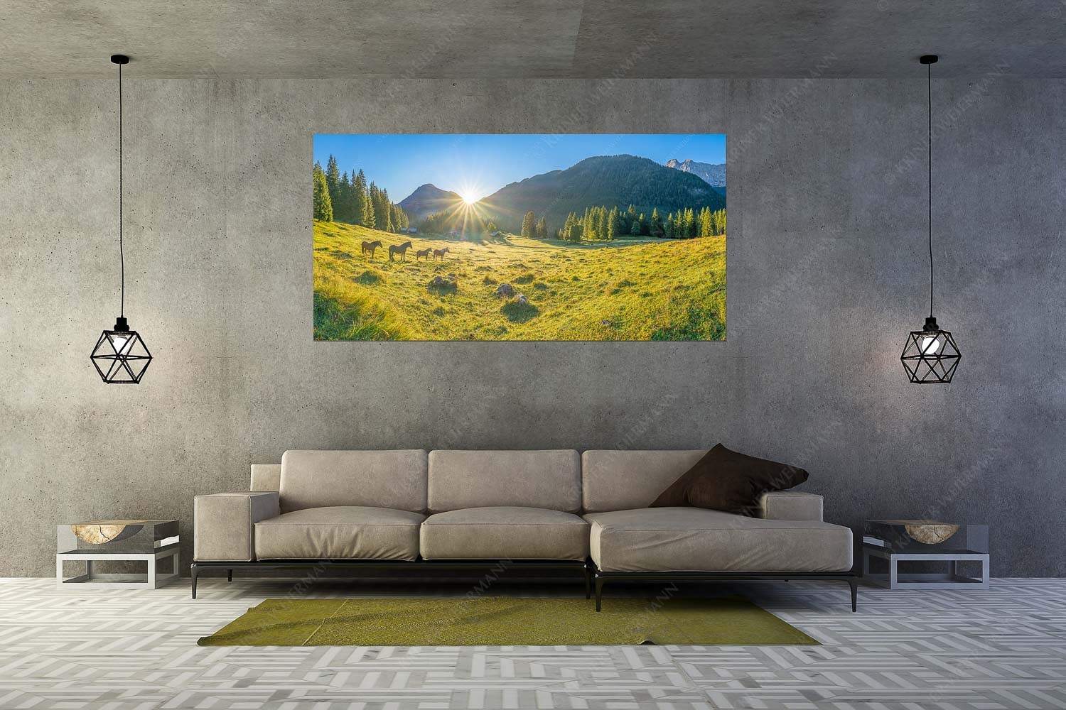 Almpferde – Wandbild – Größe ca. 200x100cm, Seitenverhältnis 2:1 — Brandlealm Sonnenaufgang auf der Brandlealm im Karwendelgebirge - Almpferde - Wandbild - Größe ca. 200x100cm, Seitenverhältnis 2:1 - Brandlealm - weitere Infos unter https://www.kriner-weiermann.de