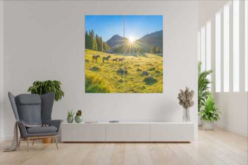 Sonnenaufgang auf der Brandlealm im Karwendelgebirge - Almpferde - Wandbild - 4er Split, Größe ca. 180x180cm, Seitenverhältnis 1:1 - Brandlealm - weitere Infos unter https://www.kriner-weiermann.de