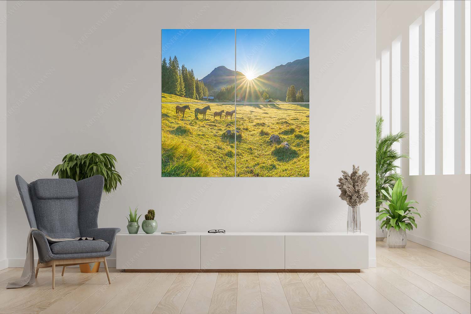 Almpferde – Wandbild – 4er Split, Größe ca. 180x180cm, Seitenverhältnis 1:1 — Brandlealm Sonnenaufgang auf der Brandlealm im Karwendelgebirge - Almpferde - Wandbild - 4er Split, Größe ca. 180x180cm, Seitenverhältnis 1:1 - Brandlealm - weitere Infos unter https://www.kriner-weiermann.de