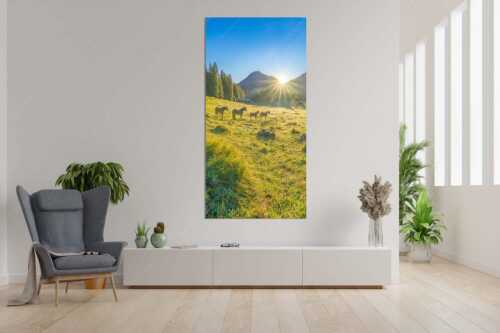 Sonnenaufgang auf der Brandlealm im Karwendelgebirge - Almpferde - Wandbild - Größe ca. 90x180cm, Seitenverhältnis 1:2 - Brandlealm - weitere Infos unter https://www.kriner-weiermann.de